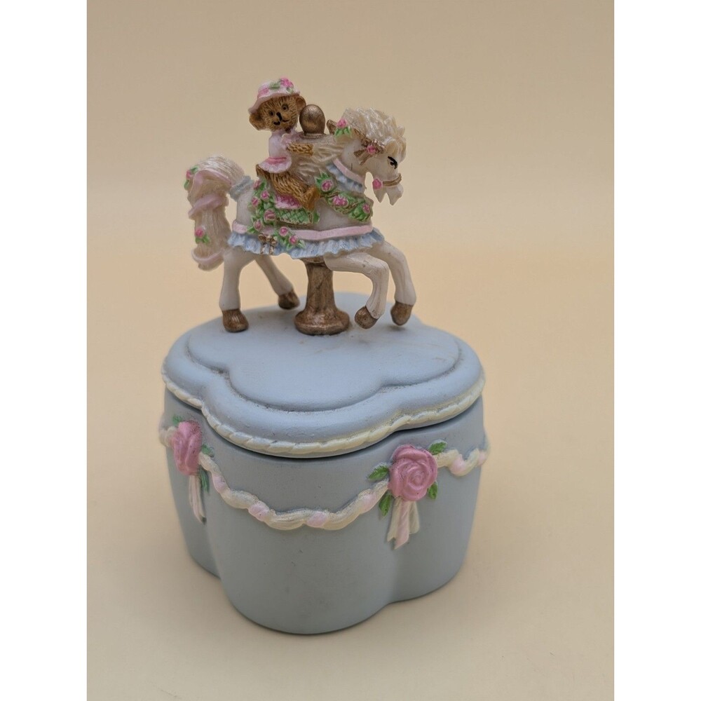 Vintage Collectible Teddy Bear Horse Carousel  Trinket Box Light Blue Porcelain